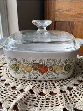 Vintage Corringware White Ceramic Herb & Vegetable Casserole Dish with Glass Lid